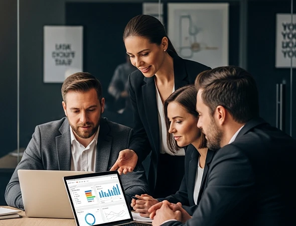 Female business scaling coach in Charlotte, NC, working with a professional team on strategy and workflow optimization.