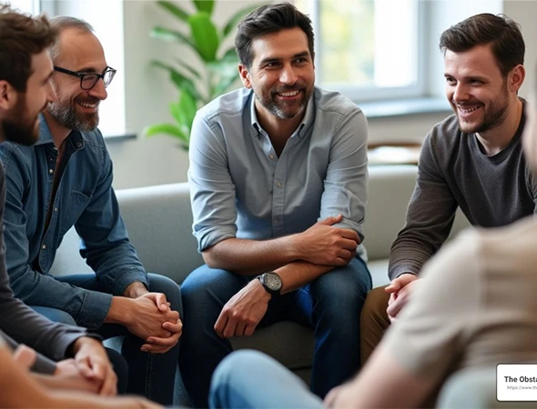 A diverse group of professional men sitting in a circle and engaging in a soft skills development workshop in Indianapolis, Indiana.